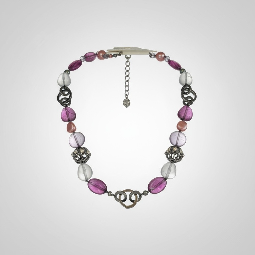 Napier Multicolor Glass Bead‎ Necklace Purple Pink Silver Tone Swirl Pendant NWT